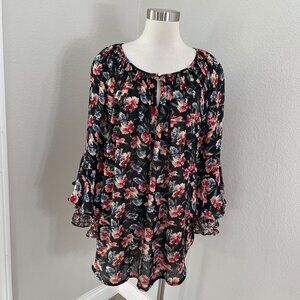 Chaps Womens Plus 2X Floral Tunic Top Boho Blouse‎ Ruffle Bell Sleeve